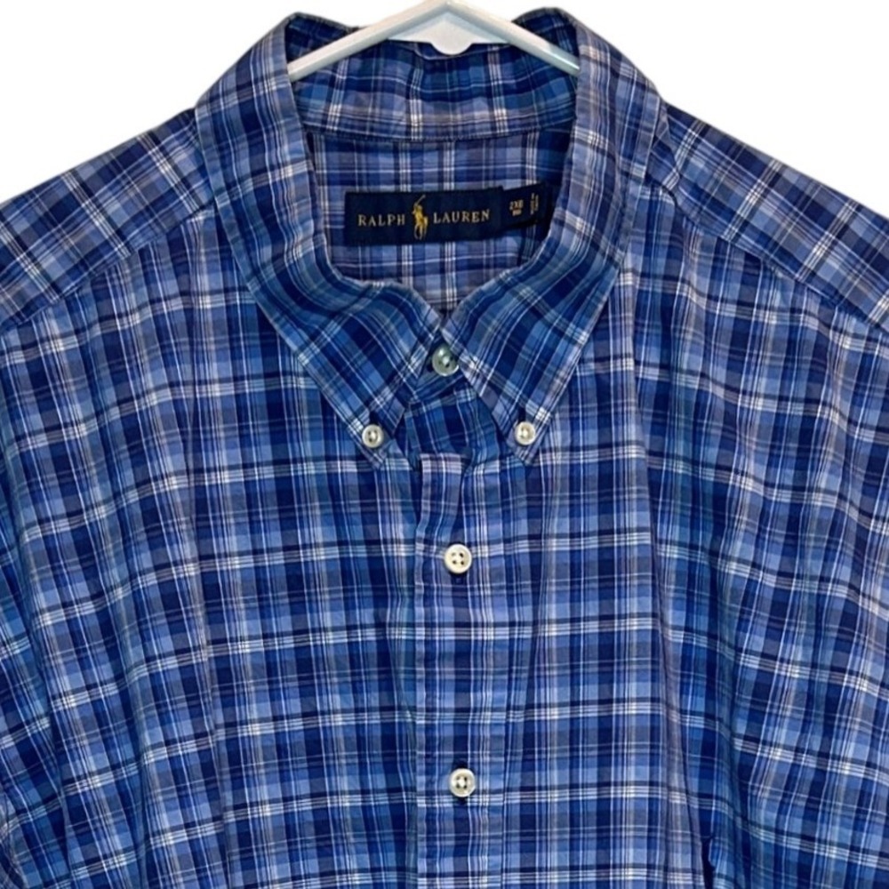 Ralph Lauren Men's 2XB Big Blue‎ Plaid Short Sleeve Button Down Shirt Pony logo